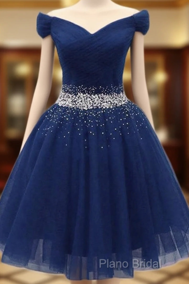 Navy Beaded Sweetheart Off Shoulder Tulle Homecoming Dresses Main image