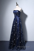 Navy Blue A-Line Tulle Long Evening Dresses, Navy Blue Formal Prom Dresses