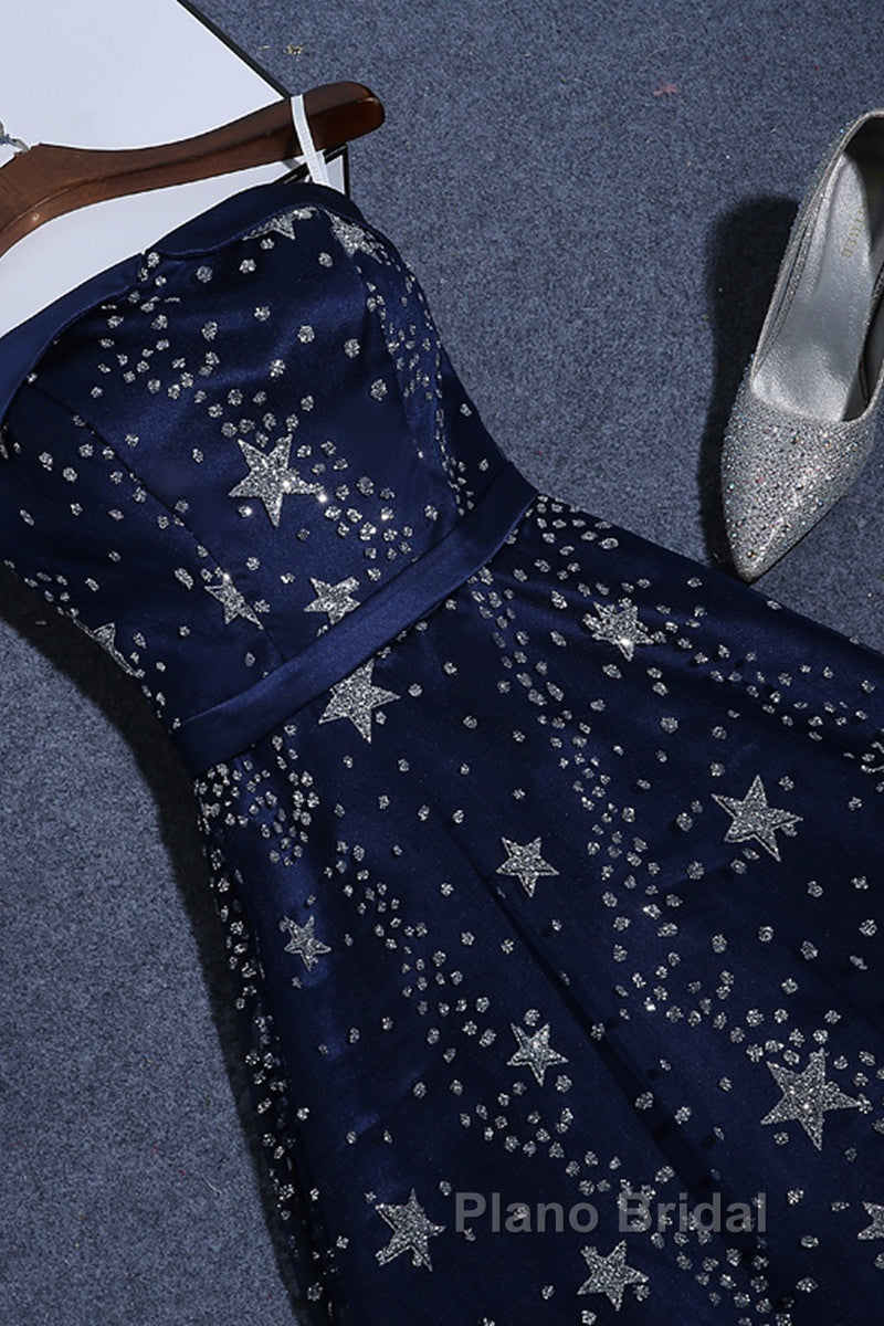 Navy Blue A-Line Tulle Long Evening Dresses, Navy Blue Formal Prom Dresses