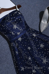 Navy Blue A-Line Tulle Long Evening Dresses, Navy Blue Formal Prom Dresses