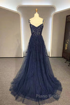 Navy Blue A-Line Tulle With Lace Formal Prom Dresses, Navy Blue Long Party Dresses