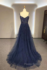 Navy Blue A-Line Tulle With Lace Formal Prom Dresses, Navy Blue Long Party Dresses