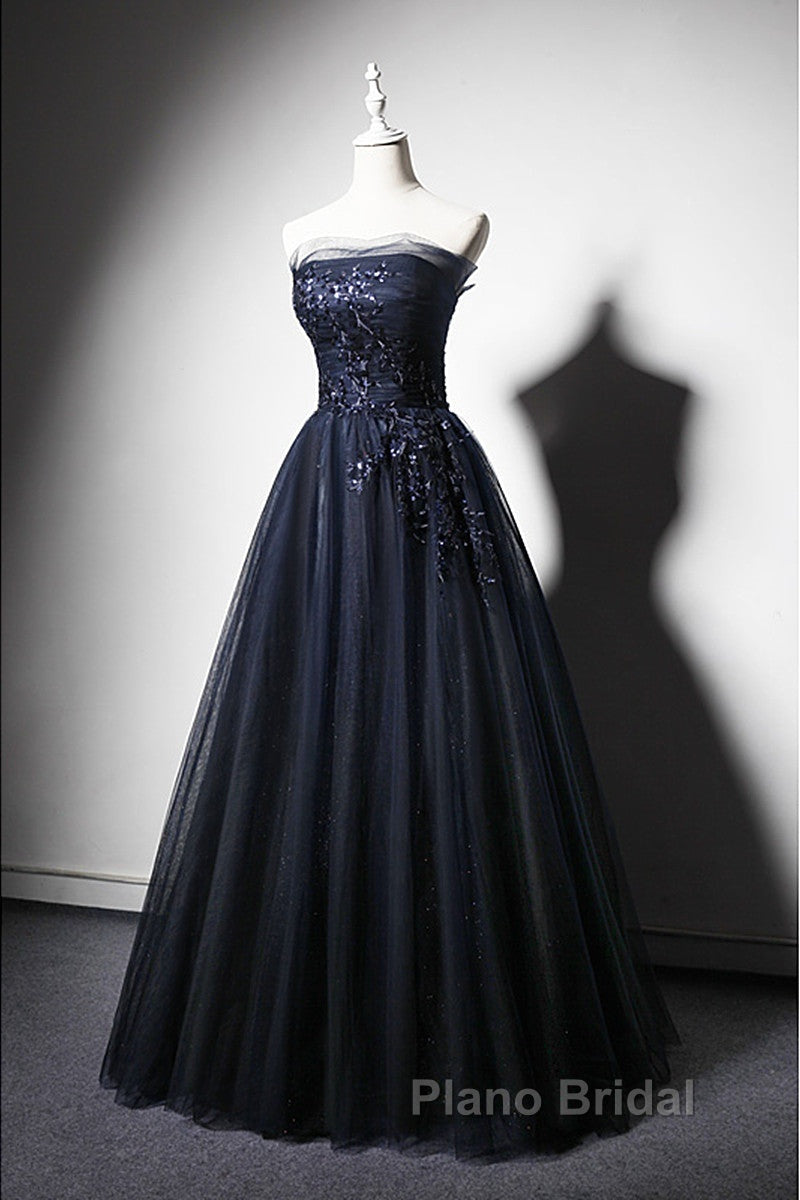 Navy Blue A-Line Tulle With Lace Scoop Long Formal Prom Dresses, Navy Blue Evening Dresses