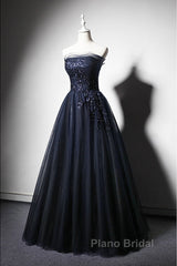 Navy Blue A-Line Tulle With Lace Scoop Long Formal Prom Dresses, Navy Blue Evening Dresses