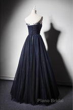 Navy Blue A-Line Tulle With Lace Scoop Long Formal Prom Dresses, Navy Blue Evening Dresses