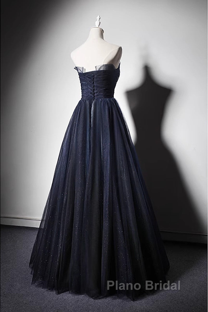 Navy Blue A-Line Tulle With Lace Scoop Long Formal Prom Dresses, Navy Blue Evening Dresses