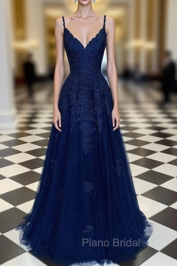 Navy Blue A-Line V-neck Floor-Length Chiffon Formal Prom Dresses With Lace Sequins