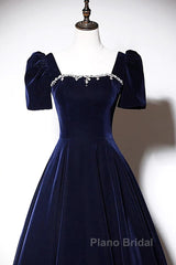 Navy Blue A-Line Velvet Long Evening Dresses, Short Sleeves Beaded Formal Prom Dresses