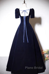 Navy Blue A-Line Velvet Long Evening Dresses, Short Sleeves Beaded Formal Prom Dresses