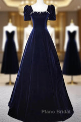 Navy Blue A-Line Velvet Long Evening Dresses, Short Sleeves Beaded Formal Prom Dresses