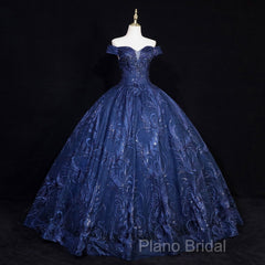 Navy Blue Ball Gown Long Formal Dresses, Off Shoulder Navy Blue Party Dresses