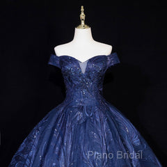 Navy Blue Ball Gown Long Formal Dresses, Off Shoulder Navy Blue Party Dresses