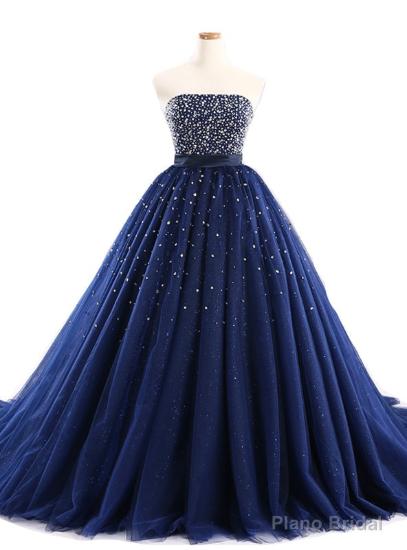 Navy Blue Ball Gown Tulle Sweetheart With Beaded Bodice Prom Dresses