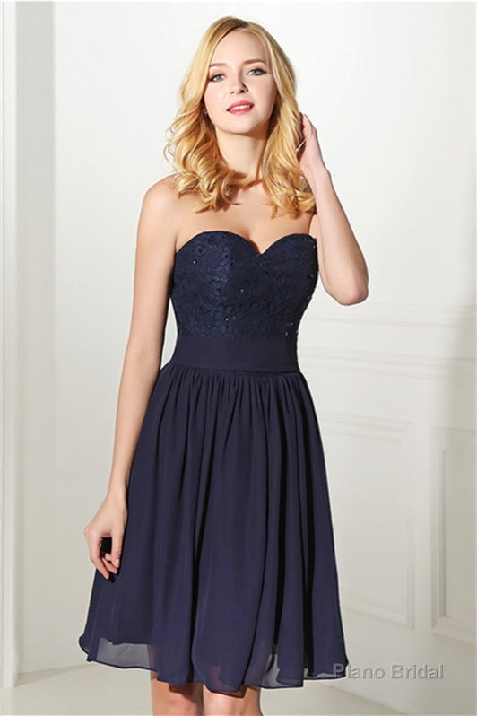 Navy Blue Chiffon Sweetheart Lace Beading Short Homecoming Dresses