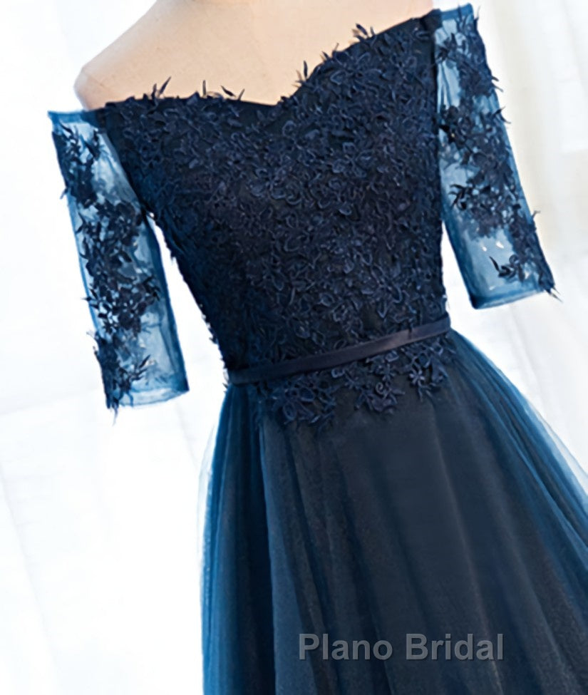 Navy Blue Half Sleeves Lace Long Formal Prom Dresses, Navy Blue Lace Formal Dresses