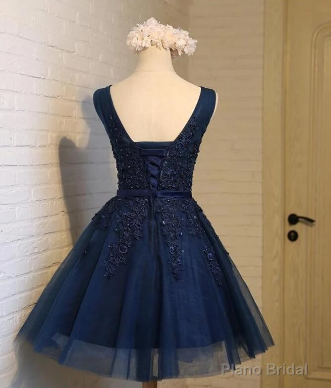 Navy Blue Knee Length Homecoming Dresses, V-neckline Short Formal Dresses Secondary image