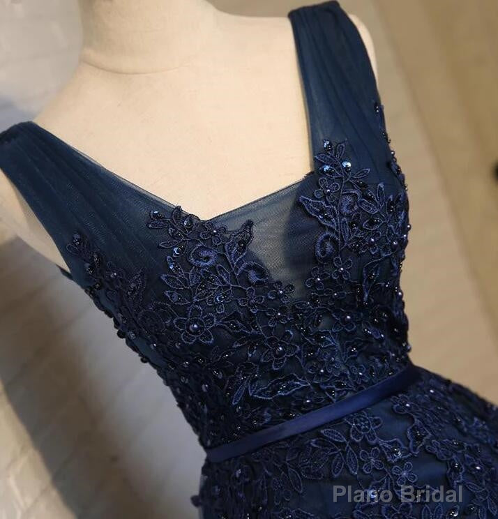 Navy Blue Knee Length Homecoming Dresses, V-neckline Short Formal Dresses