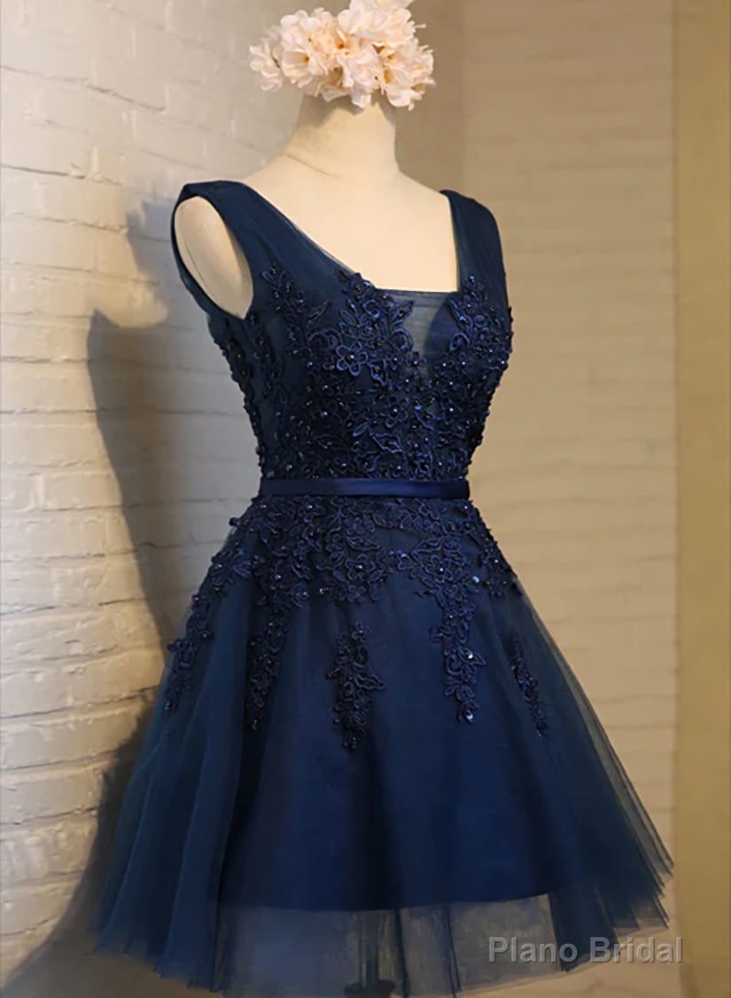 Navy Blue Knee Length Homecoming Dresses, V-neckline Short Formal Dresses Main image