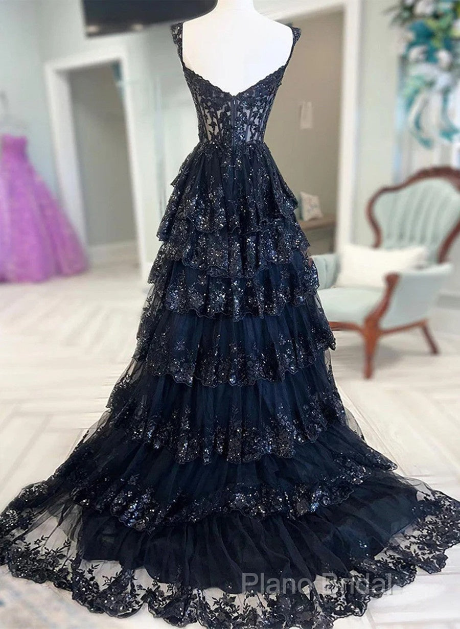 Navy Blue Lace And Tulle Sweetheart Long Formal Dresses, Navy Blue Formal Prom Dresses Secondary image