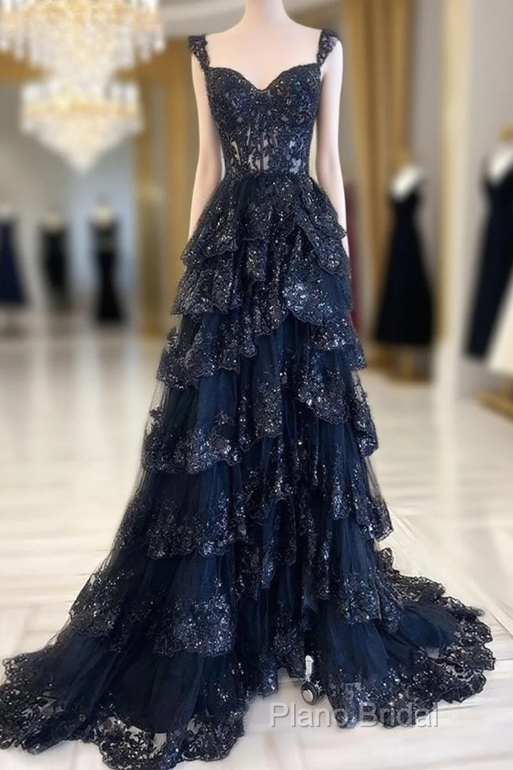 Navy Blue Lace And Tulle Sweetheart Long Formal Dresses, Navy Blue Formal Prom Dresses Main image