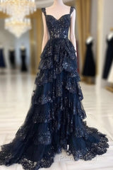 Navy Blue Lace And Tulle Sweetheart Long Formal Dresses, Navy Blue Formal Prom Dresses