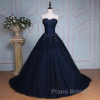 Navy Blue Lace Applique Tulle Long Party Dresses Formal Gown Off Shoulder Floor Length Formal Prom Dresses