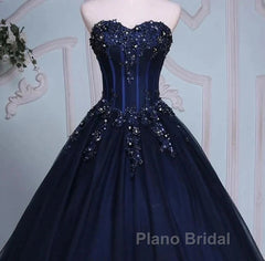 Navy Blue Lace Applique Tulle Long Party Dresses Formal Gown Off Shoulder Floor Length Formal Prom Dresses