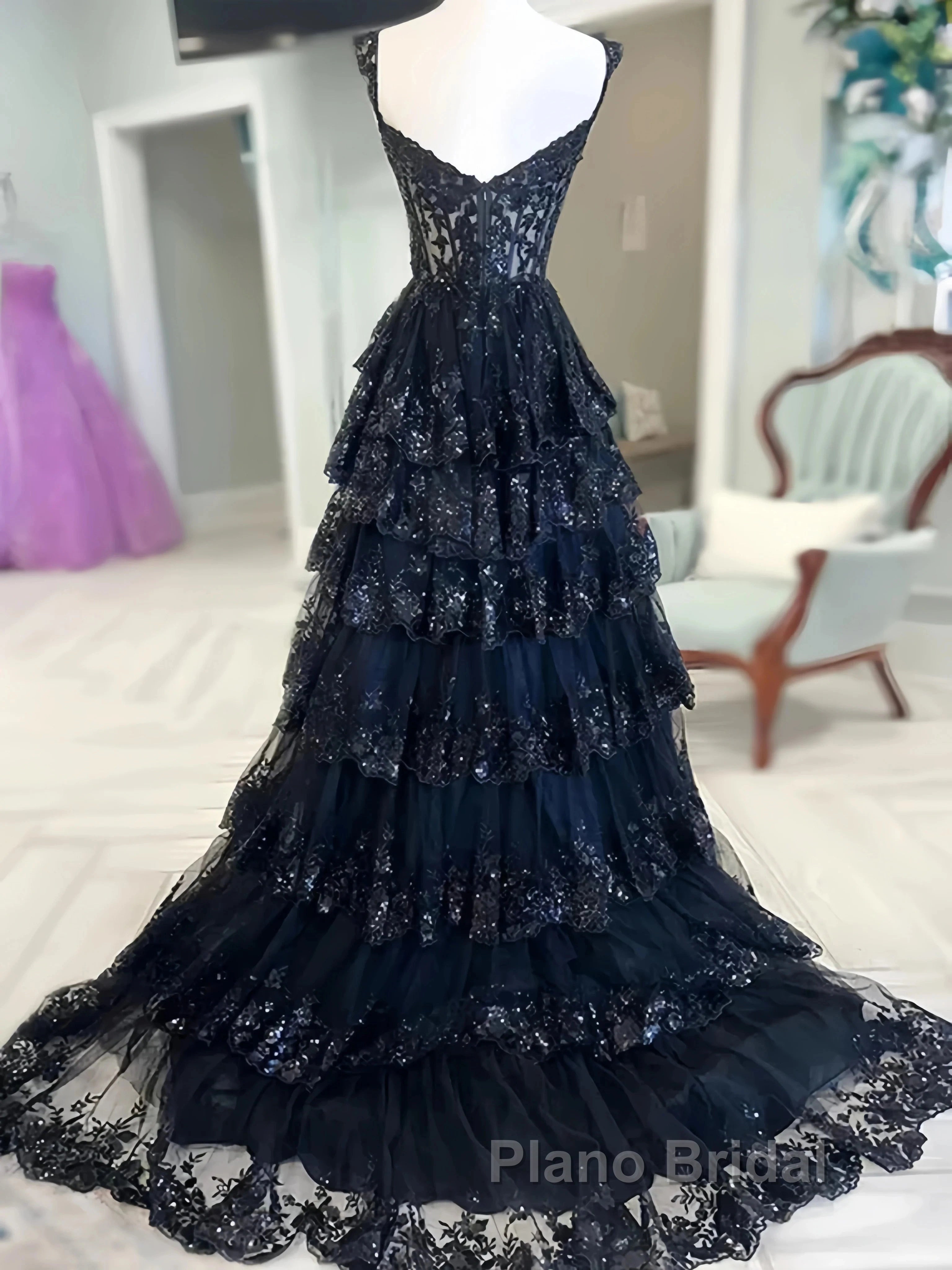 Navy Blue Lace Layered A Line  Formal Prom Dresses Secondary image