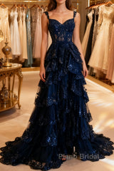 Navy Blue Lace Layered A Line  Formal Prom Dresses