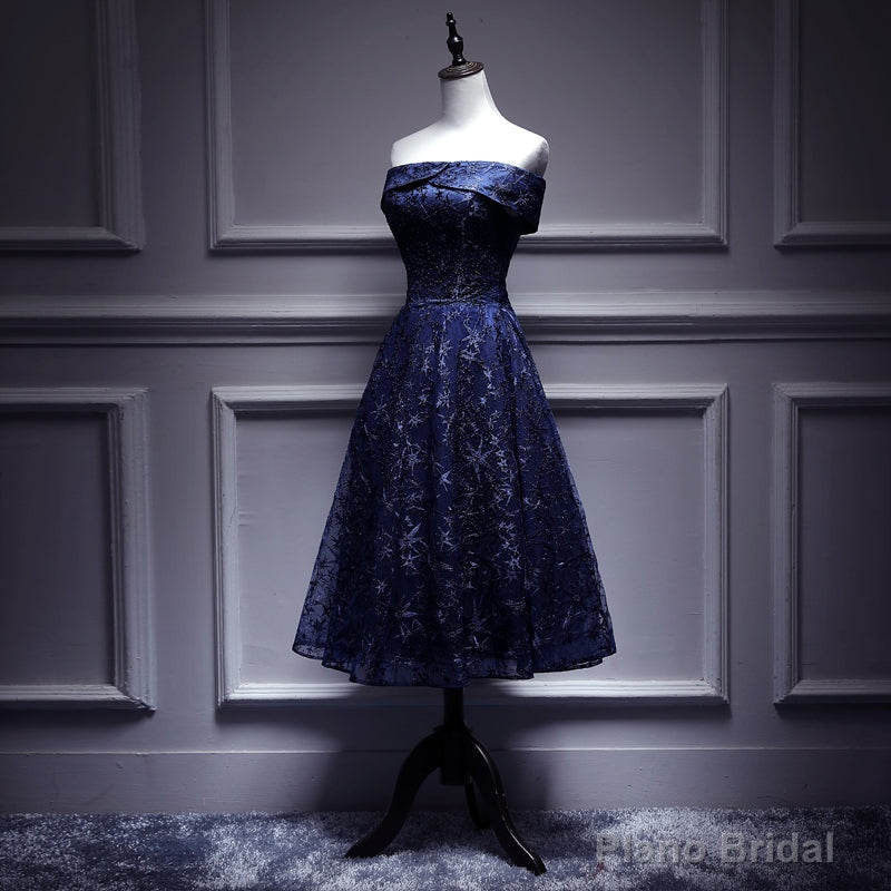 Navy Blue Lace Off Shoulder Wedding Party Dress Bridesmaid Dress,Blue Formal Dress Main image
