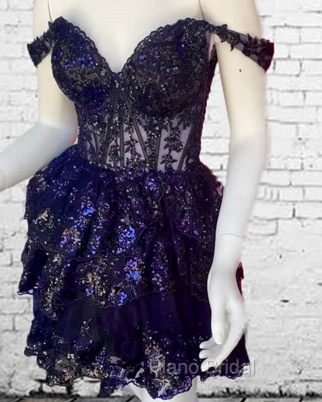 Navy Blue Lace Ruffle Homecoming Dresses