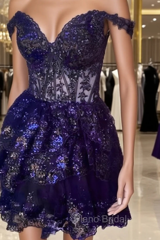 Navy Blue Lace Ruffle Homecoming Dresses Main image
