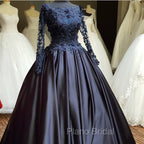 Navy Blue Long Sleeve Formal Prom Dresses Appliques Beaded Ball Gown
