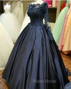 Navy Blue Long Sleeve Formal Prom Dresses Appliques Beaded Ball Gown