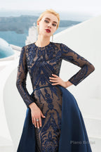 Long Sleeves Mermaid Detachable Train Prom Dresses with Train Sequined