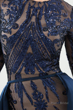 Long Sleeves Mermaid Detachable Train Prom Dresses with Train Sequined