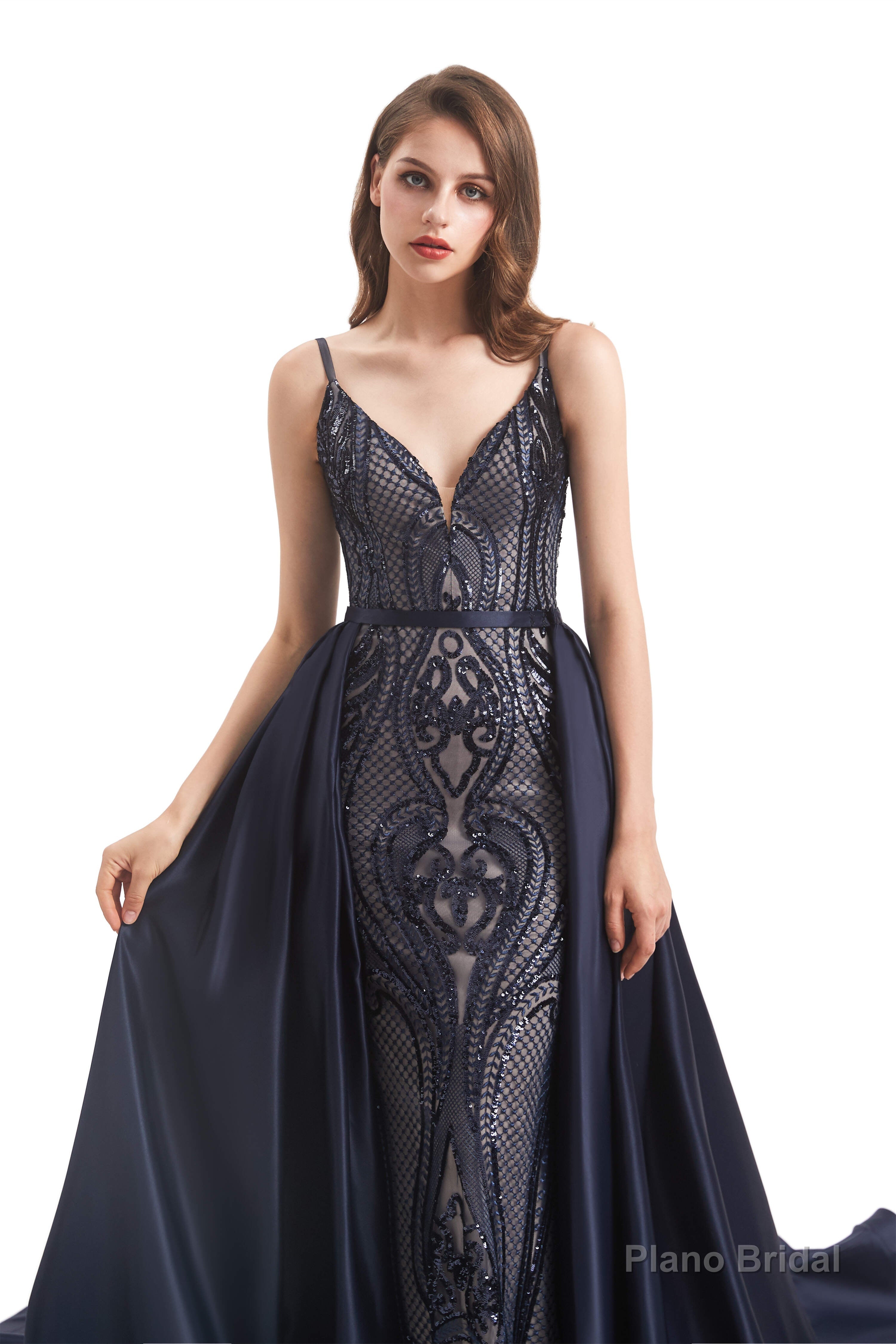 Mermaid Sequins Spaghetti Straps Prom Dresses With Detachable Train