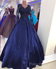Navy Blue Satin Ball Gown Formal Prom Dresses Lace Long Sleeves