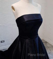 Navy Blue Satin Long Party Dresses, Elegant Dark Blue Formal Dresses Formal Dresses