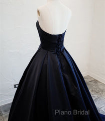 Navy Blue Satin Long Party Dresses, Elegant Dark Blue Formal Dresses Formal Dresses