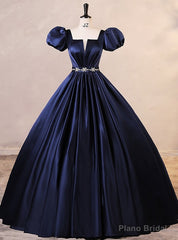 Navy Blue Satin Puff Sleeve Pleats Quinceanera Dress