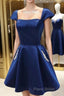 Navy Blue Satin Short A-Line Homecoming Dresses With Cap Sleeves And Beaded Pockets