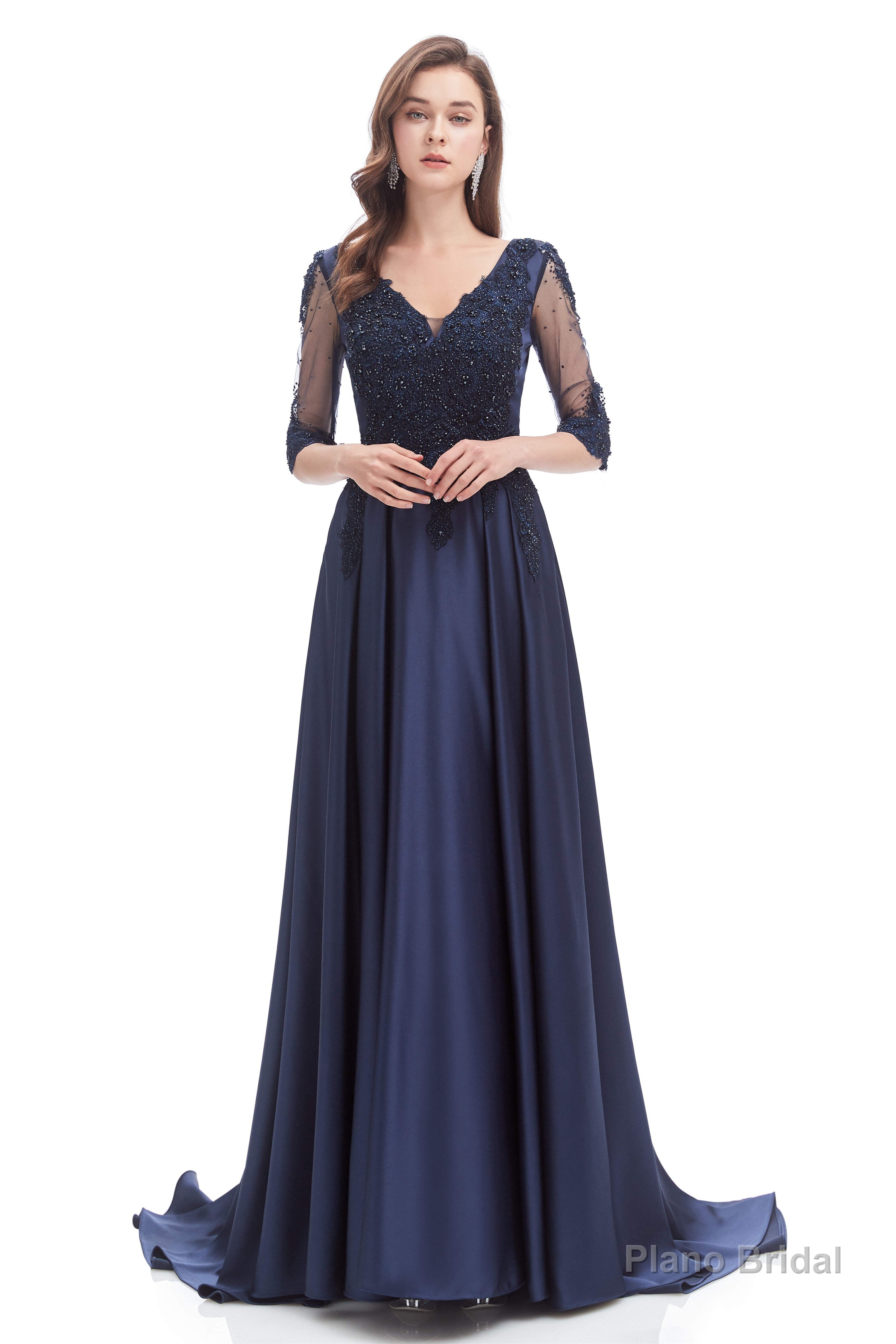 Navy Blue Satin V-neck Short Sleeve Beading Prom Dresses Main image