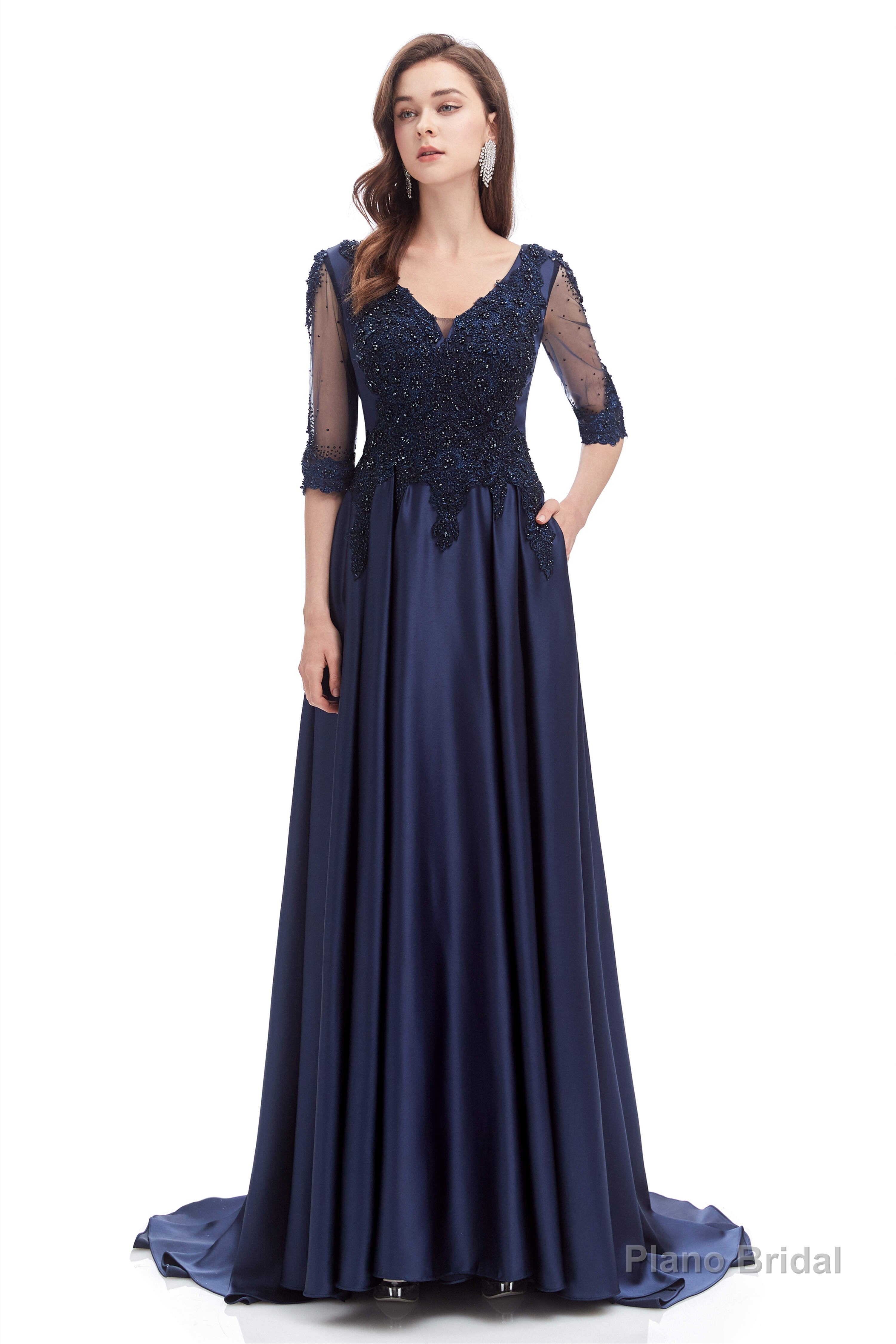 Navy Blue Satin V-neck Short Sleeve Beading Prom Dresses Secondary image