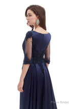 Navy Blue Satin V-neck Short Sleeve Beading Prom Dresses