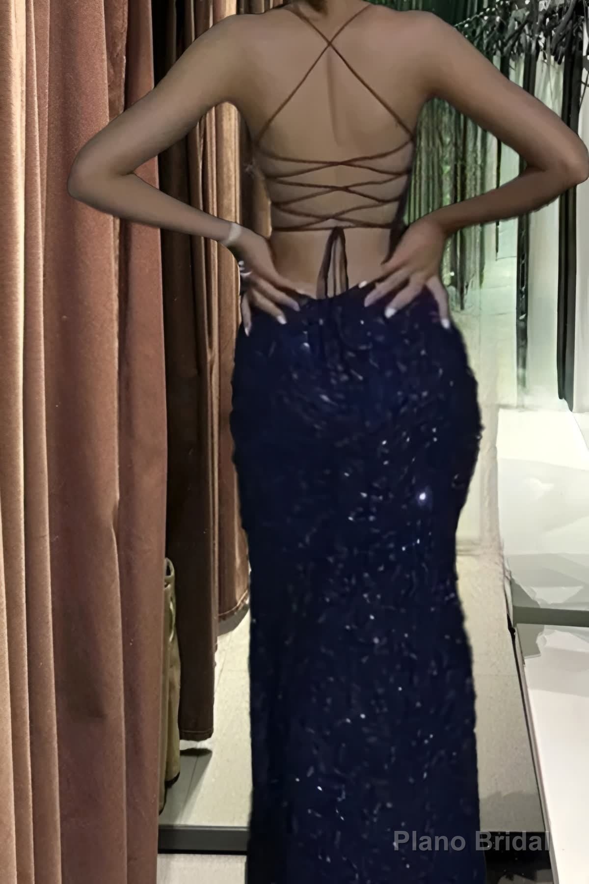 Navy Blue Sequin Long Prom Dresses Mermaid Cross Back Evening Party Dresses Secondary image