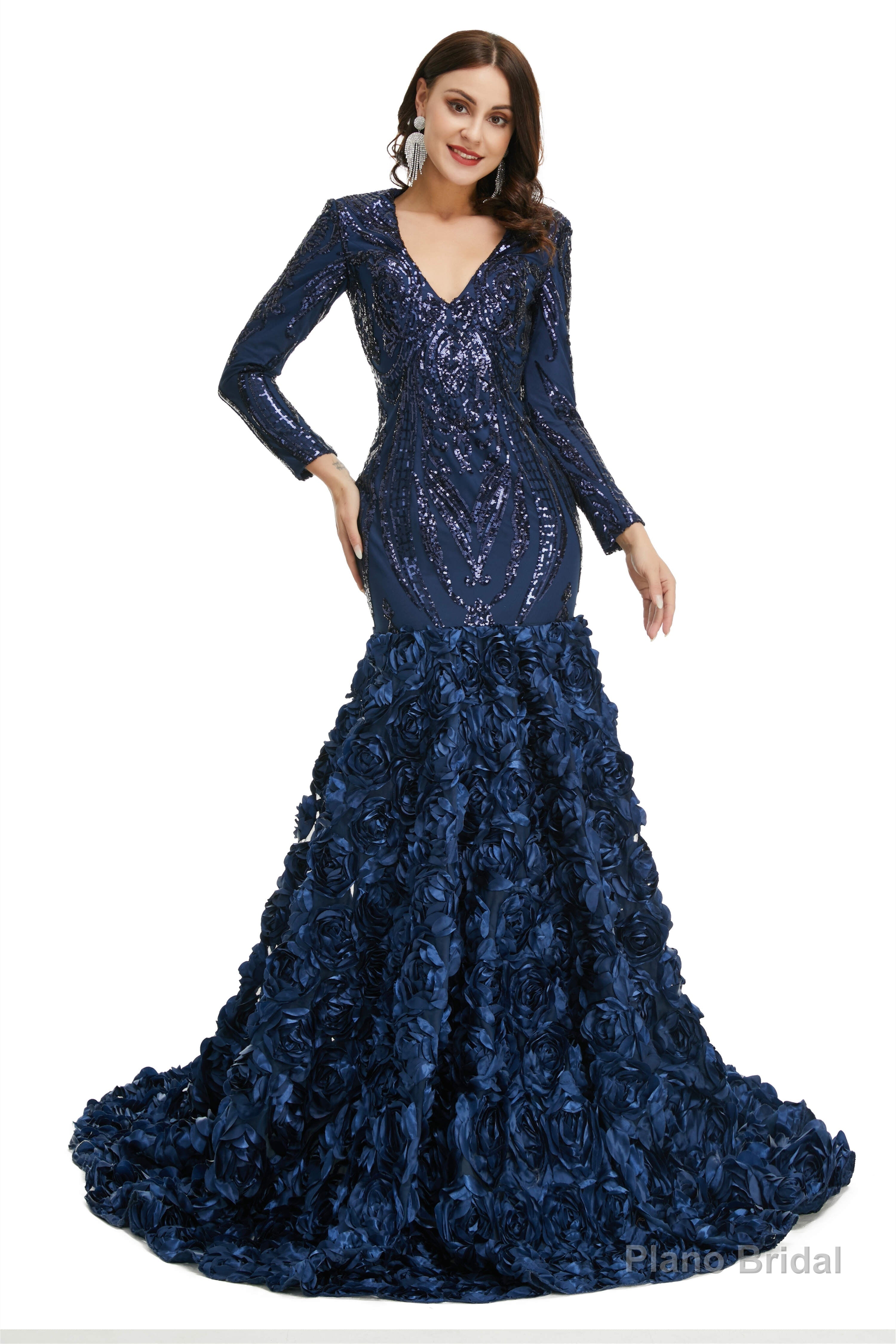 Sequins Mermaid Long V Neck Prom Dresses Full Sleeve Secondary image