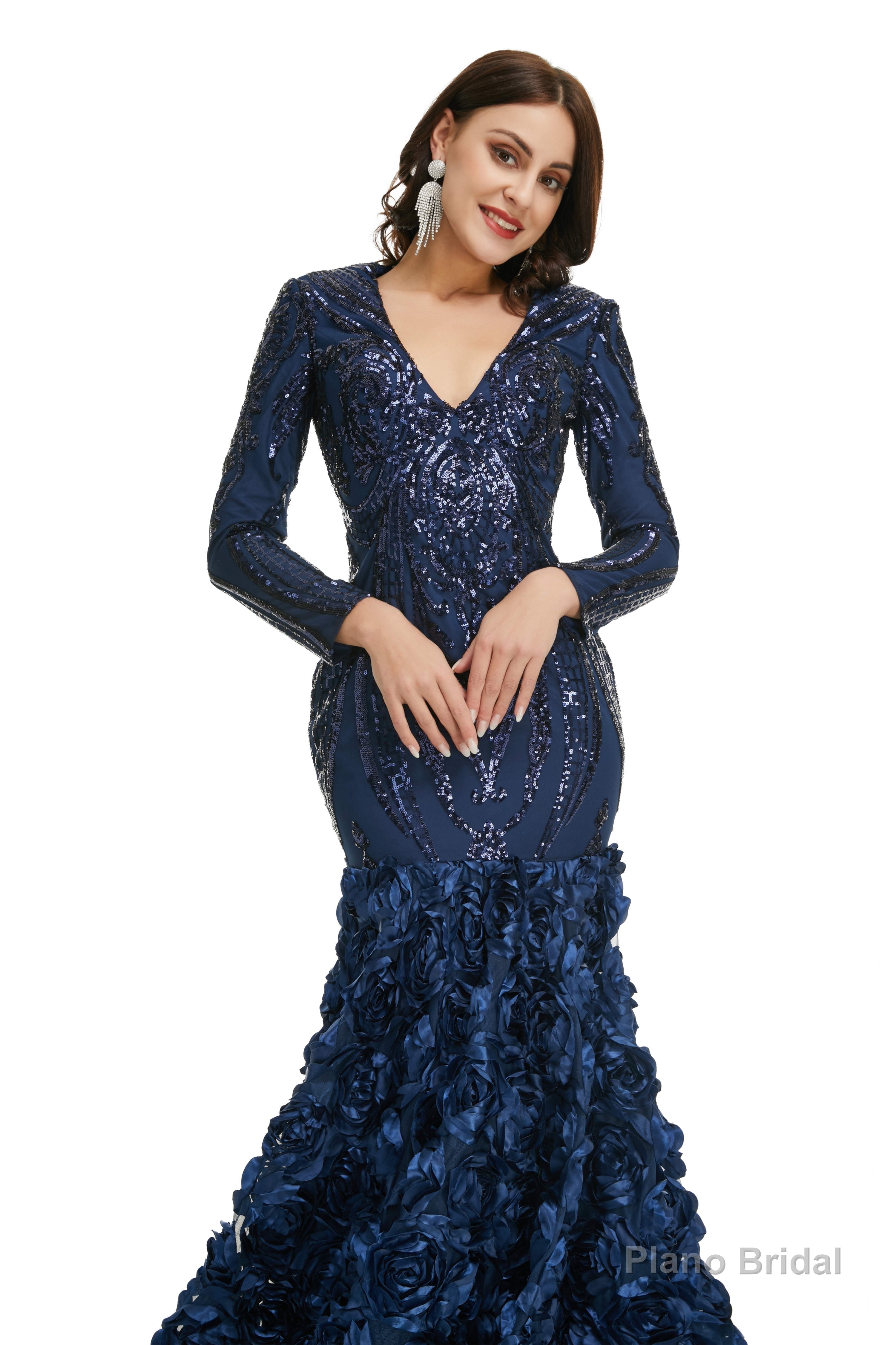 Sequins Mermaid Long V Neck Prom Dresses Full Sleeve