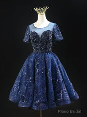 Navy Blue Sequins Short Sleeve Beading Homecoming Dress