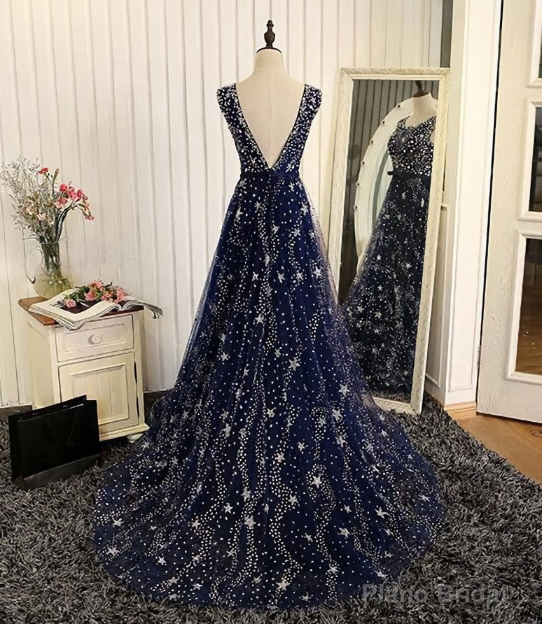 Navy Blue Shiny Tulle A-line Round Neckline Long Party Dress, Blue Prom Dresses Secondary image